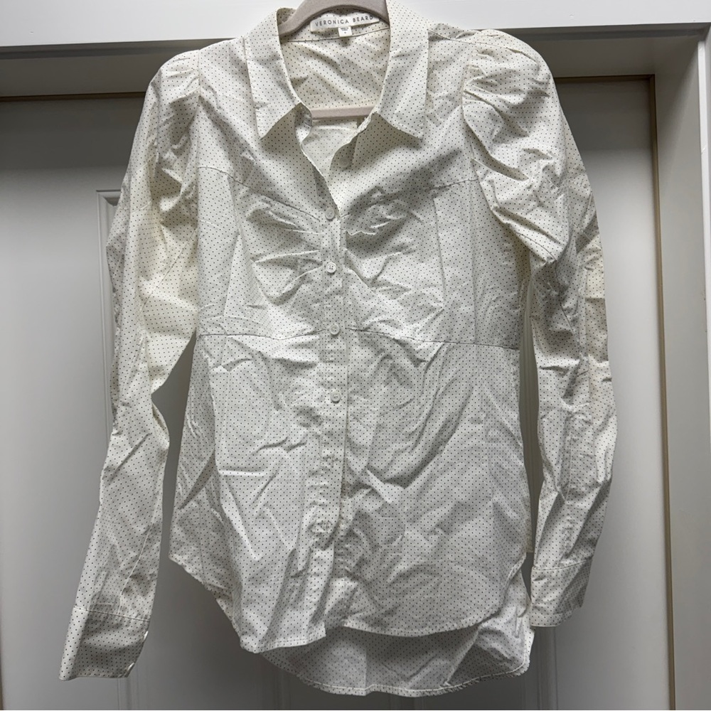 Veronica Beard Candice Pouf Sleeve Buttondown Shirt Polka Dot Print White Black - Picture 9 of 12